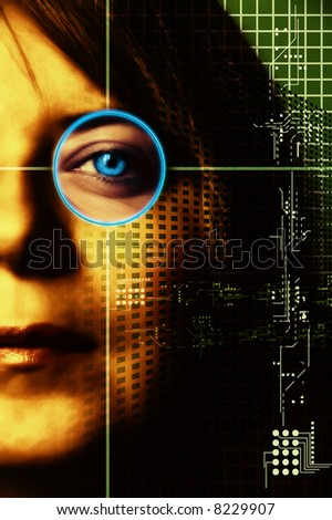 woman half face with technology symbols grid