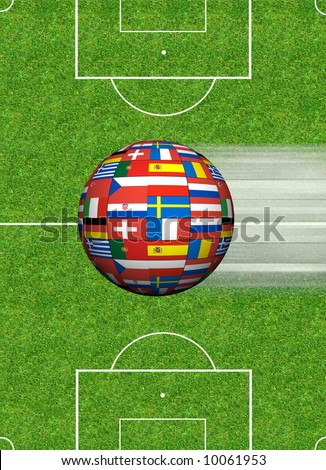 soccer field and a sphere with european flags of euro 2008 in Switzerland and Austria