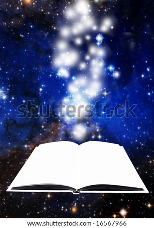 an open white book against a space background with floating stars above it