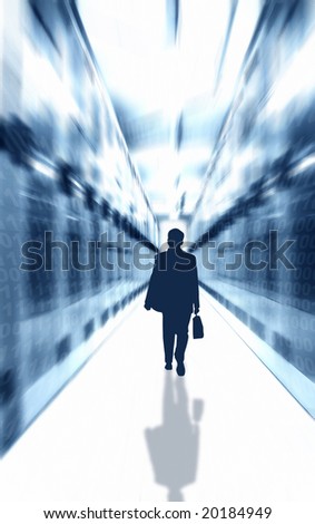 silhouette of a businessman walking along a corridor with technology concept motion blur effect