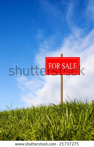 for sale panel planted on a meadow against a blue sky