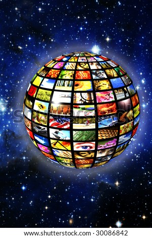 sphere with many television screens with a starred background, illustration for digital television