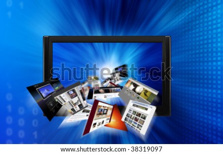 web pages flying out of a monitor, broad internet concept illustration