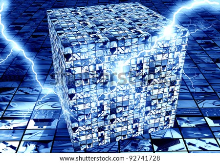 technology cube with lightning hitting it