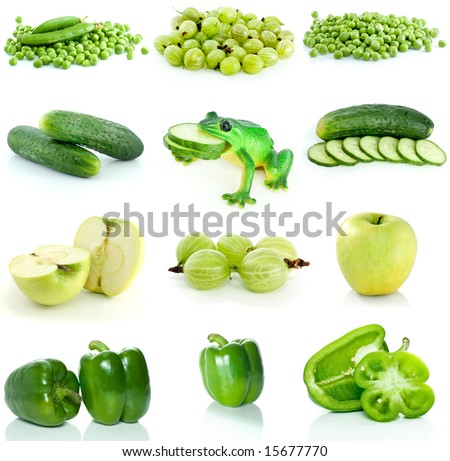 Set of green fruit, berries and  vegetables isolated on the white background