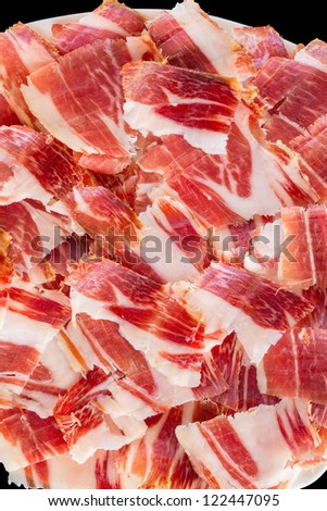Top view of jabugo ham slices, closeup view