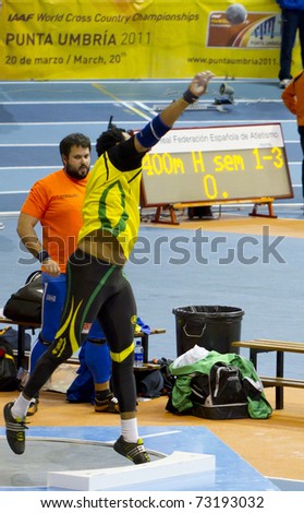 VALENCIA, SPAIN - FEBRUARY 19: Unidentified Hammer thrower competitor of men\'s hammer throw in the spanish indoor national championships on February 19, 2011 in Valencia, Spain