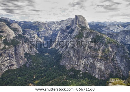 View of Yosemite Valley from Glacier Point on a cloudy day