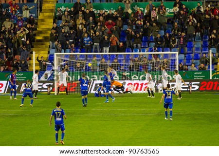 VALENCIA, SPAIN - DECEMBER 10: Levante FC scores a goal during the Spanish league match between Levante FC and Sevilla, final score 1-0, on December 10, 201, in Valencia, Spain