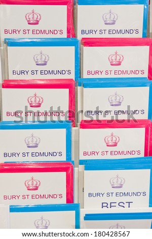 BURY ST EDMUNDS, UK - FEBRUARY 23, 2014: Greeting cards in a store in Bury St Edmunds, with the name of the town on the cards.