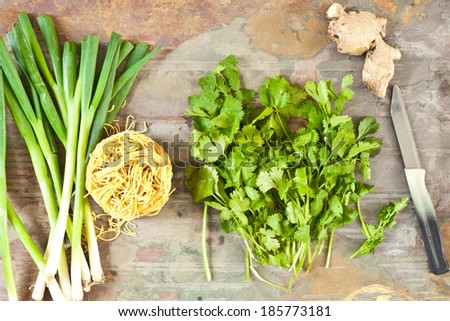 Noodles with fresh coriander, ginger and spring onions
