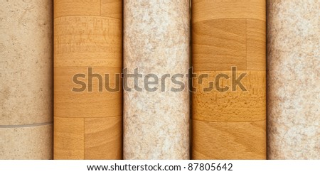 Rolls of vinyl laminated flooring close up