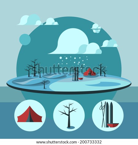 Nature landscape illustration.   Winter camp in the snow, lake and clouds. Flat design icon set
