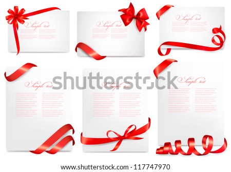 Set of gift card notes with red bows with ribbons. Vector illustration.