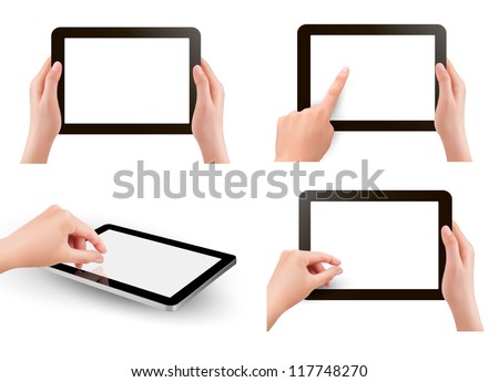 Set of tablet screen with hands. Vector.