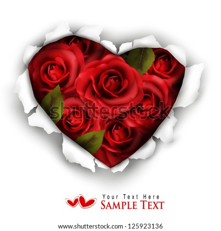 stock vector : Valentine Heart Card Design. Red roses and ripped paper heart. Vector illustration.