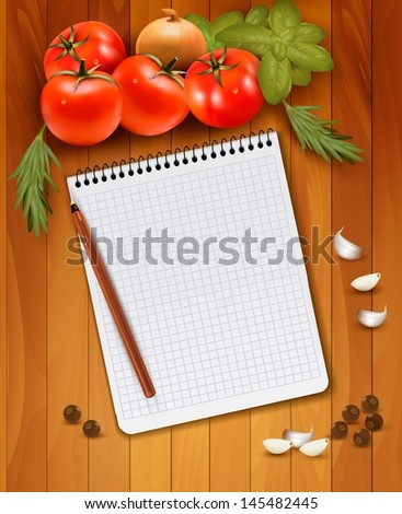 Fresh vegetables and spices on a wooden background and notebook for notes.  Raster version of vector