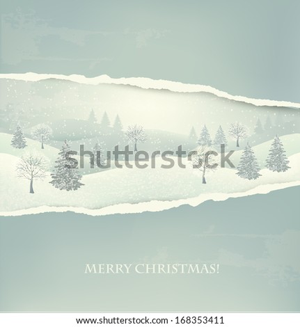 Holiday christmas background with winter landscape and ripped paper. Vector.