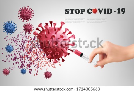 Coranavirus concept background. Hand holding syringe with vaccine destroying virus COVID - 19 molecules. Vector illustration.