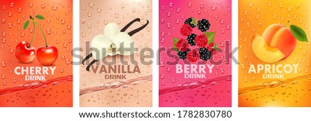 Set of labels with fruit and berry  drink. Fresh fruits juice splashing together- cherry, vanilla, raspberry, blackberry, apricot juice drink splashing. 3d fresh fruits. Vector illustration