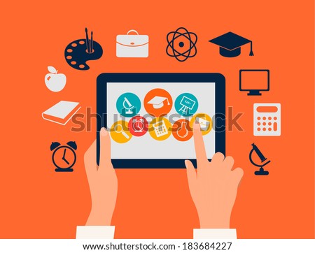 E-learning concept. Hands touching a tablet with education icons. Vector. 