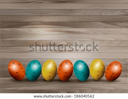 Holiday Easter eggs on wooden background. Vector.