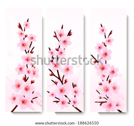 Three spring banners with blossoming sakura branches.  Raster version.