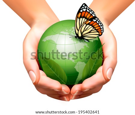 Green world with leaf and butterfly in woman hands. Vector illustration. 
