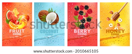 Set of labels with fruit and berry  drink. Fresh fruits juice splashing together- watermelon, banana, mango, orange, strawberry, raspberry, coconut, honey, nut juice drink splashing. Vector