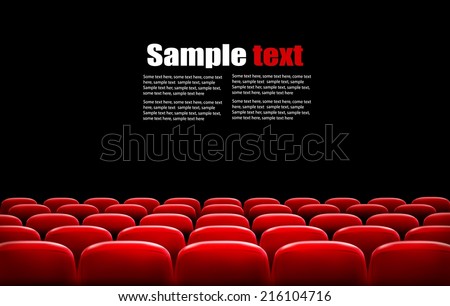 Rows of red cinema or theater seats in front of black screen with sample text space. Vector.