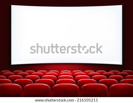 Rows of red cinema or theater seats in front of white blank screen. Vector.