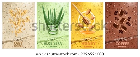 A set of labels with drinks from fruits and different foods. Fresh fruit juice splashes together - oats, aloe vera, honey, almond, orange, coffee in a drink. Vector illustration