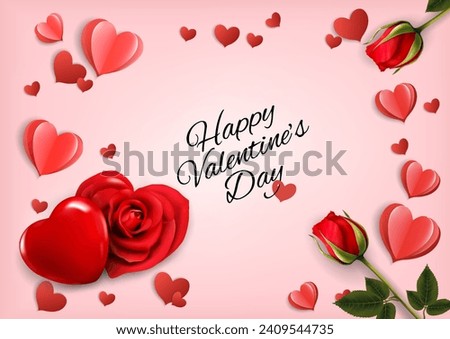 Valentine's Day holiday getting card with red rose shape heart and paper hearts. Vector illustration