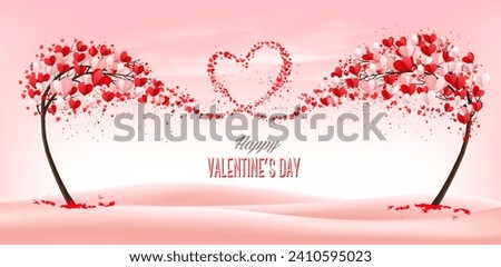 Valentine's Day holiday getting card with two heart shaped trees and flying heart shaped leaves gathered in a heart shape. Vector.