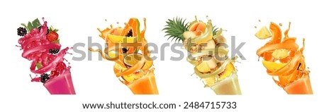 Set of labels with fruit in juice and smoothie splashes. Strawberry, pineapple, pumpkin, peach, raspberry, blackberry, cherry, ginger, grape, papay. Vector.