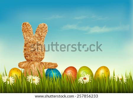 Holiday Easter background with straw rabbit and Easter eggs. Vector illustration.