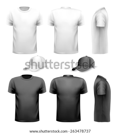 Black and white men t-shirt and cup. Design template. Vector.