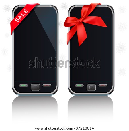 Two modern touch-screen mobile phones with ribbon and a sale sign. Vector.