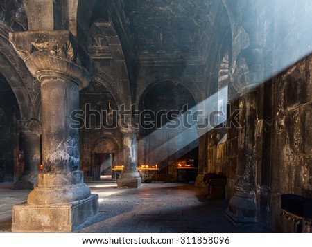 Armenian apostolic church. Light falling from the window inside the Geghard monastery