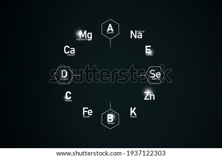 Graphic cirlce of top vitamins and microelements on dark green background. Template for beauty product design Stock foto © 
