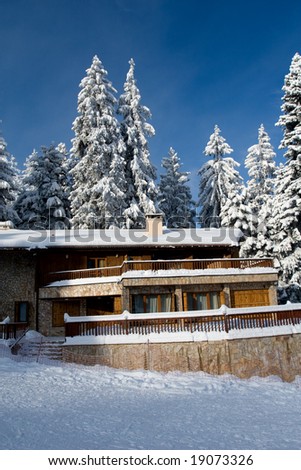 Isolated mountain cottage near trees covered by fresh snow