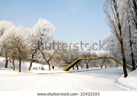 Yellow bridge over frozen lake in city park in winter time
