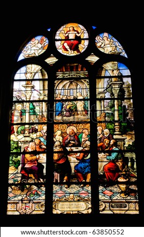 Stained glass window of Saint Etienne church in Paris - The Last Supper