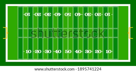 vector graphic illustration top view of standard yard size layout empty american football sport field with green grass and copy space. Team sports recreation background