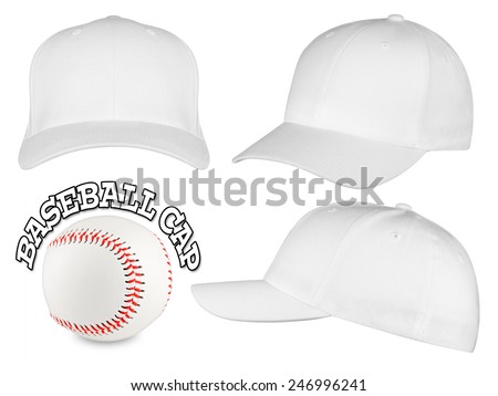 Set of white baseball caps with baseball