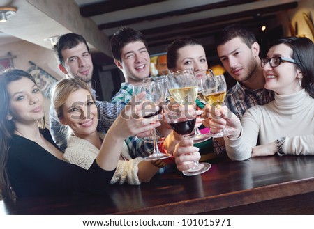 Group of happy young people drink wine  at party disco restaurant