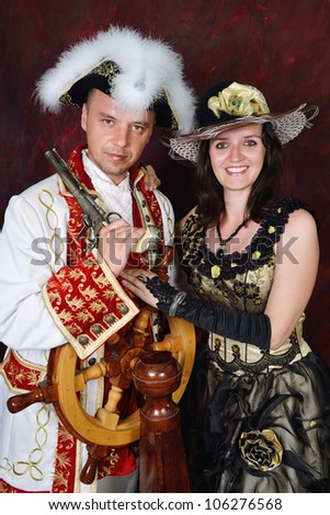 retro happy young couple people in victorian fashion clothes