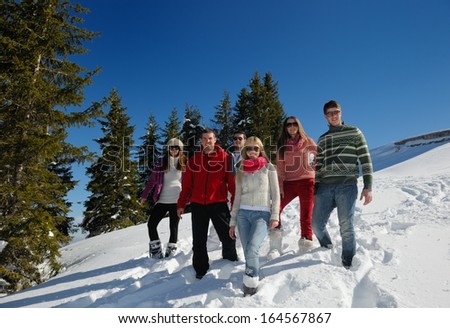 happy friends group  have fun at winter on fresh snow, healthy young people outdoor