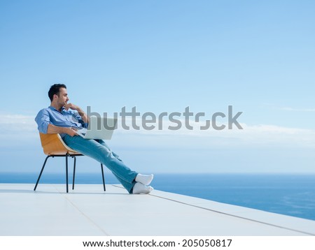 Similar – Image, Stock Photo Relaxed man on balcony with dog