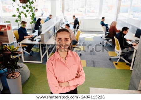 Similar – Image, Stock Photo Young Woman with Genuine Smile Standing on City Street